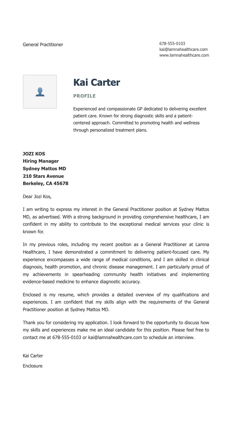 Modern graphic professional cover letter - Professional cover letter for healthcare job applications featuring a photo placeholder and clean layout for presenting qualifications to employers.